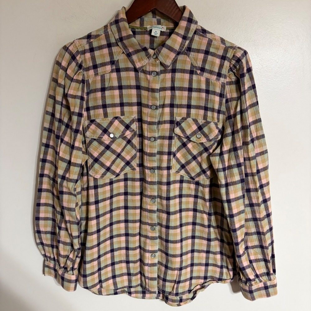 Sundance Womens XL Plaid Western Pearl Snap Shirt Pastel Cotton Herringbone